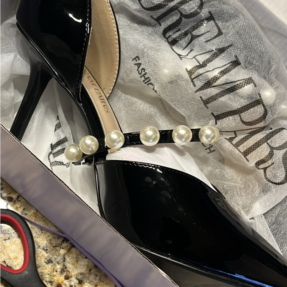 Black Patent Leather Heels with Pearl Strap